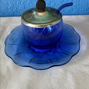 Vintage Colbat Blue Condiment Set with Glass Spoon